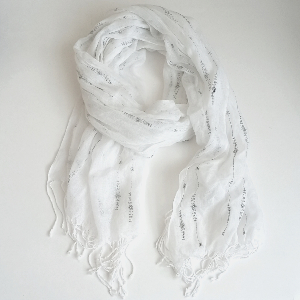 Delicate White with Silver Floral Vine Sheer Lightweight Fringed Scarf